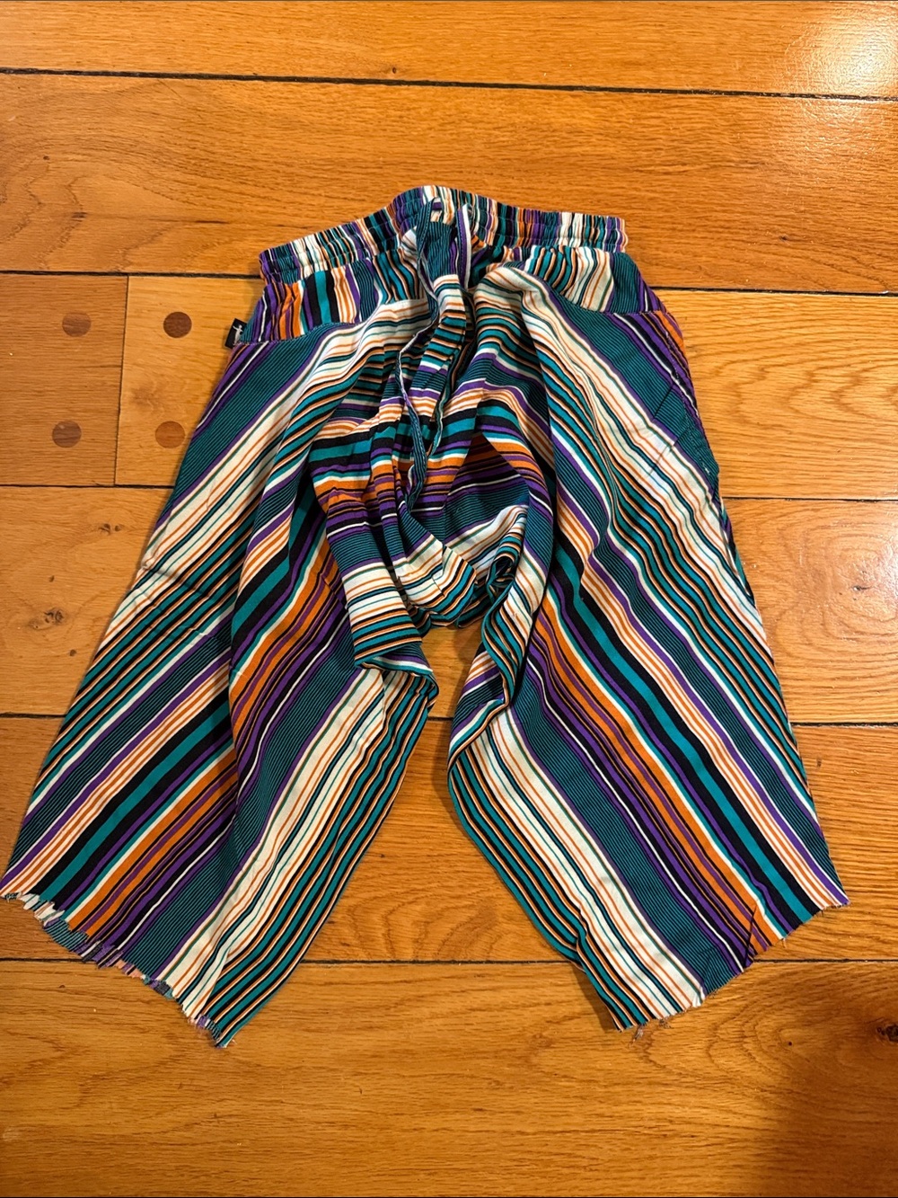 Striped Kids Pull-On Harem Shorts in Teal, Purple, Orange, Cream, and Black